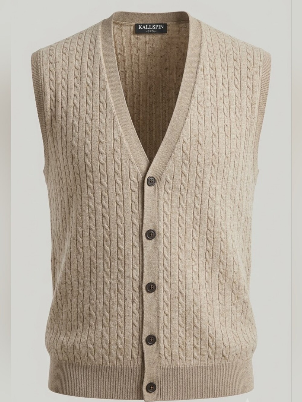 Kallspin Beige Wool Cashmere Men Cable Knit Button Front Cardigan Vest Size XXXL